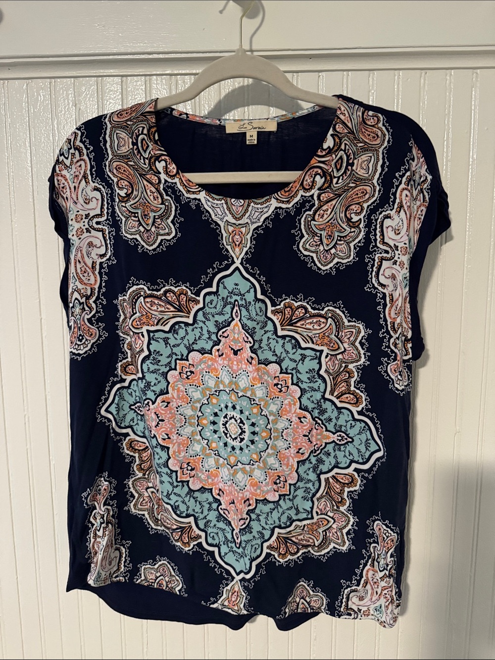 Stitch Fix Navy Paisley Medallion Short Sleeve Top